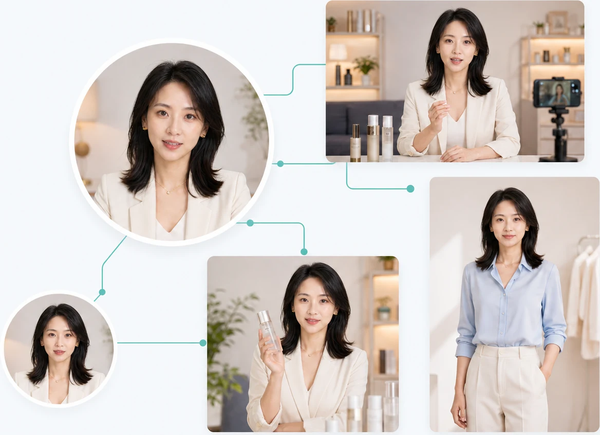 同一个 AI 主播形象连接直播、商品、头像和营销扩展素材
